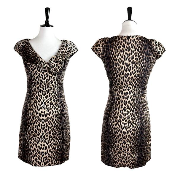 Kay Unger Sheath Dress Ruffle V-neck Party Silk Leopard Print Women's Size 4 - Picture 14 of 14